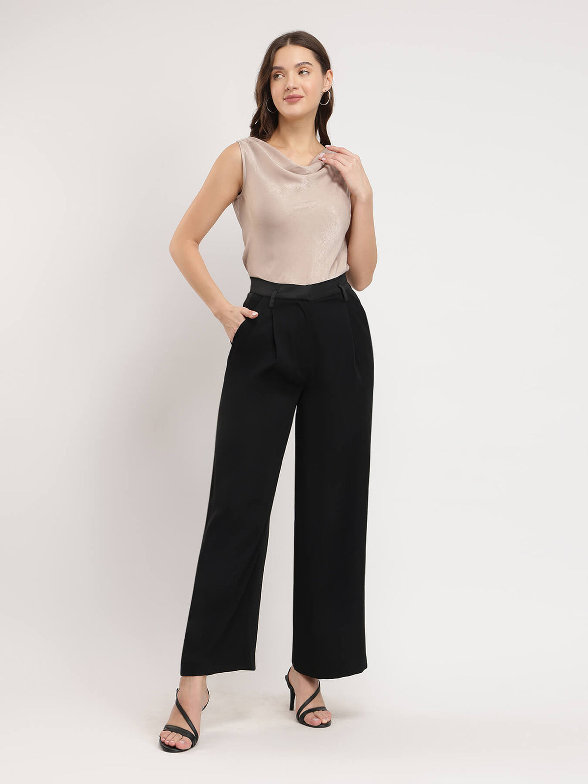 Wide Leg Pleated Trousers - Black