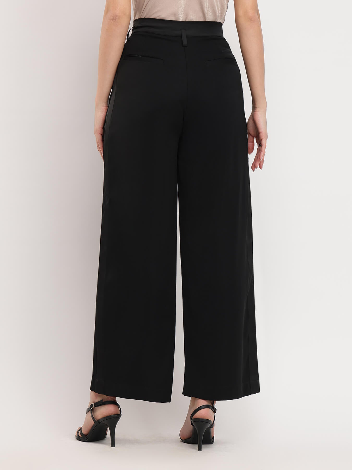 Wide Leg Pleated Trousers - Black