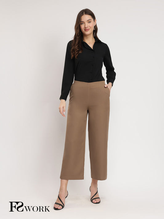 Wide Leg Cropped Trousers - Beige