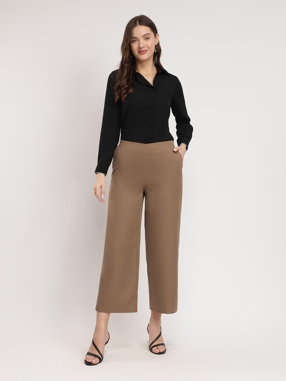 Wide Leg Cropped Trousers - Beige