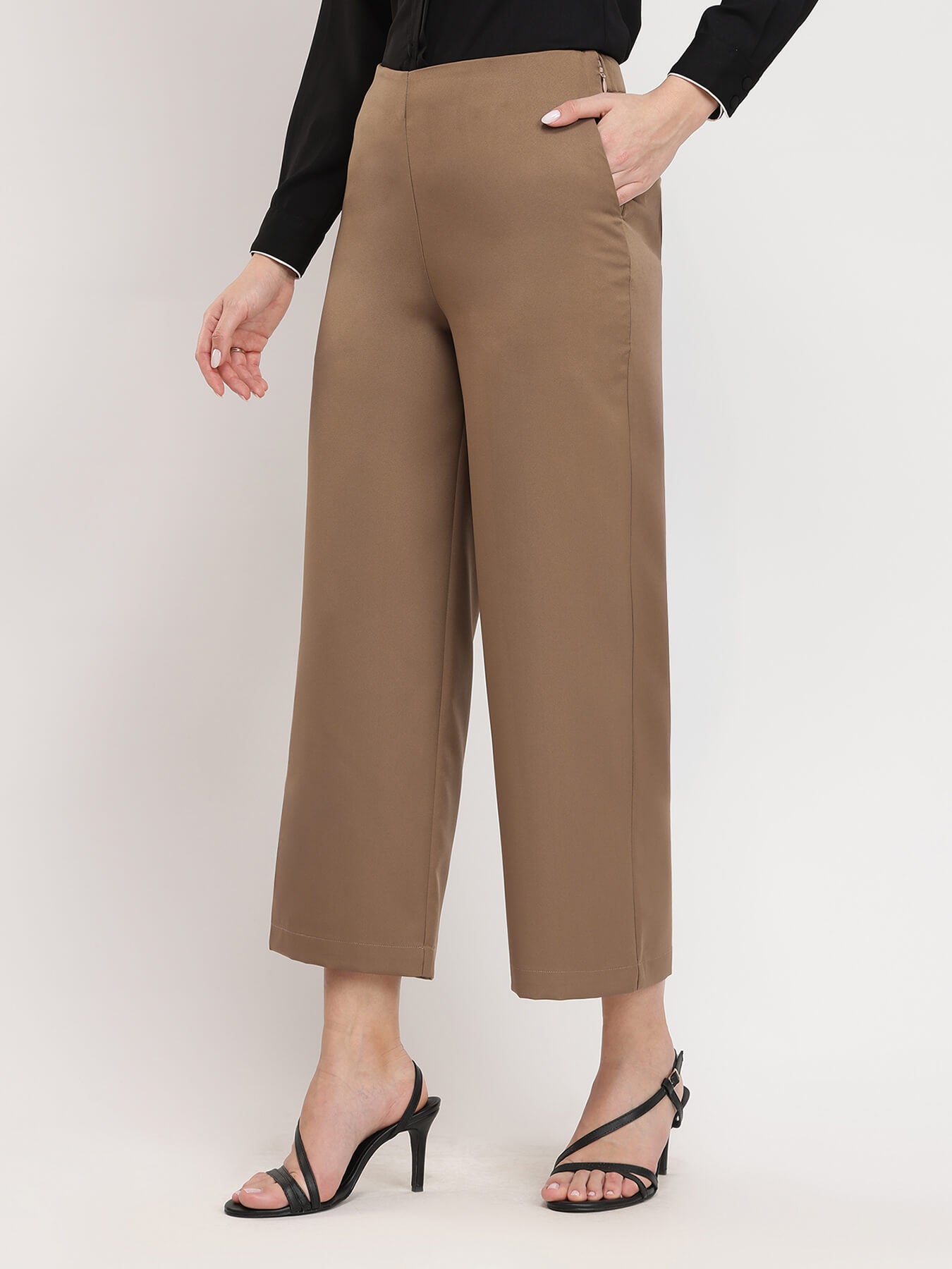 Wide Leg Cropped Trousers - Beige