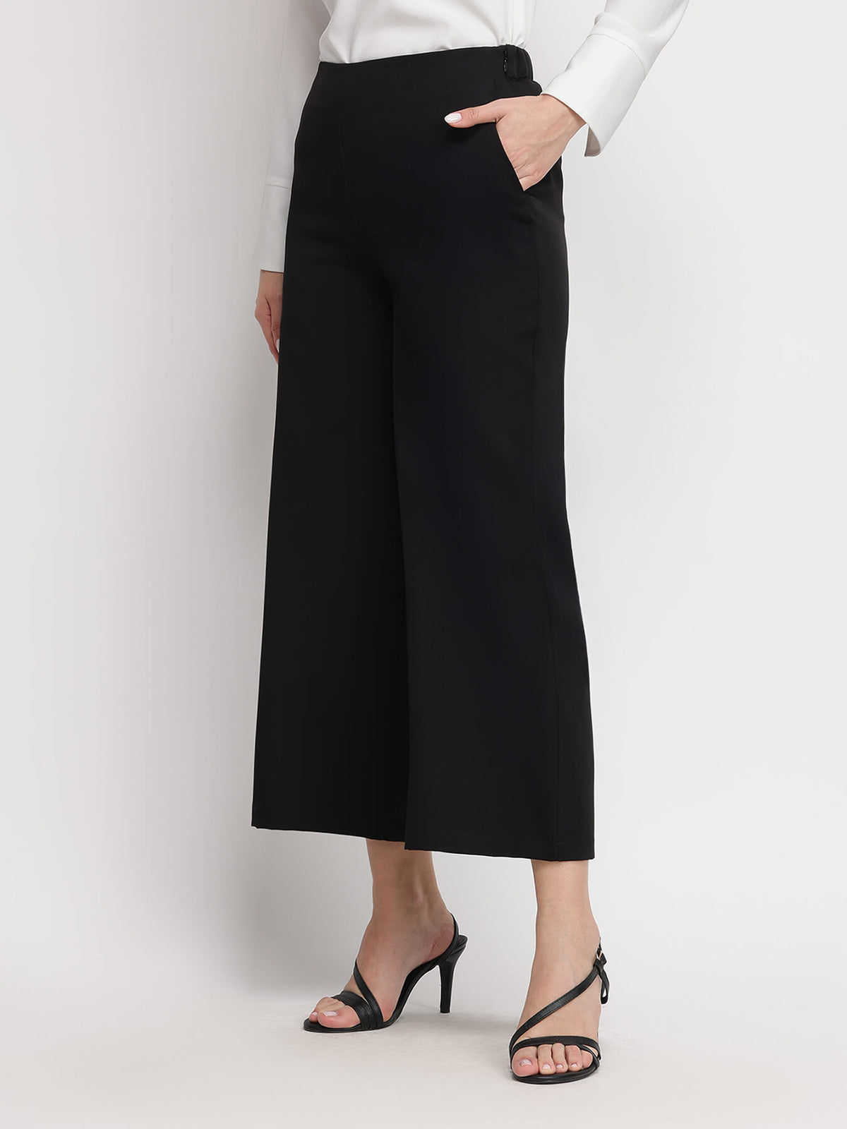 Wide Leg Cropped Trousers - Black