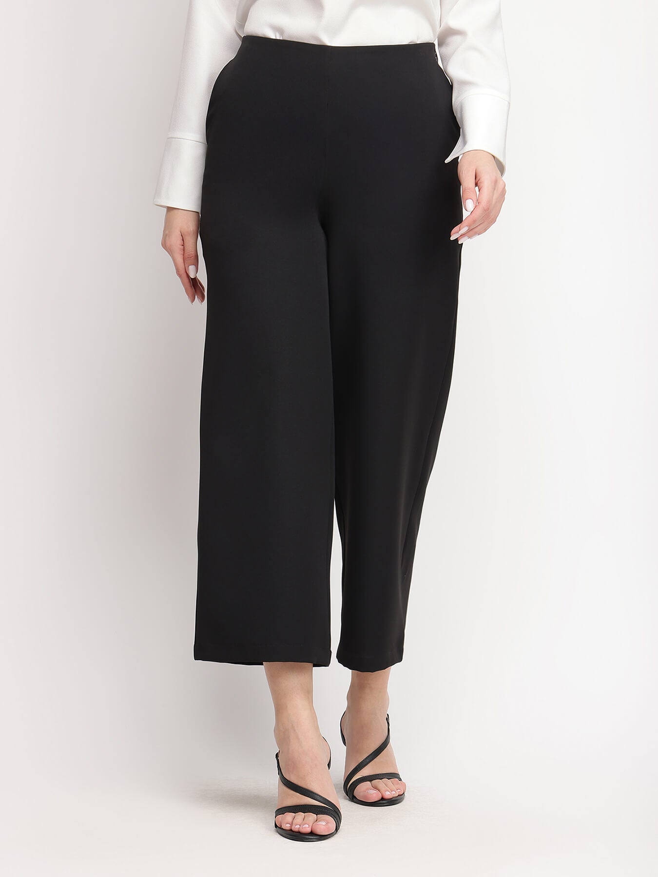 Wide Leg Cropped Trousers - Black