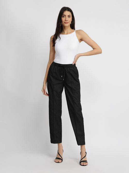 Striped Pull-On Trousers - Black