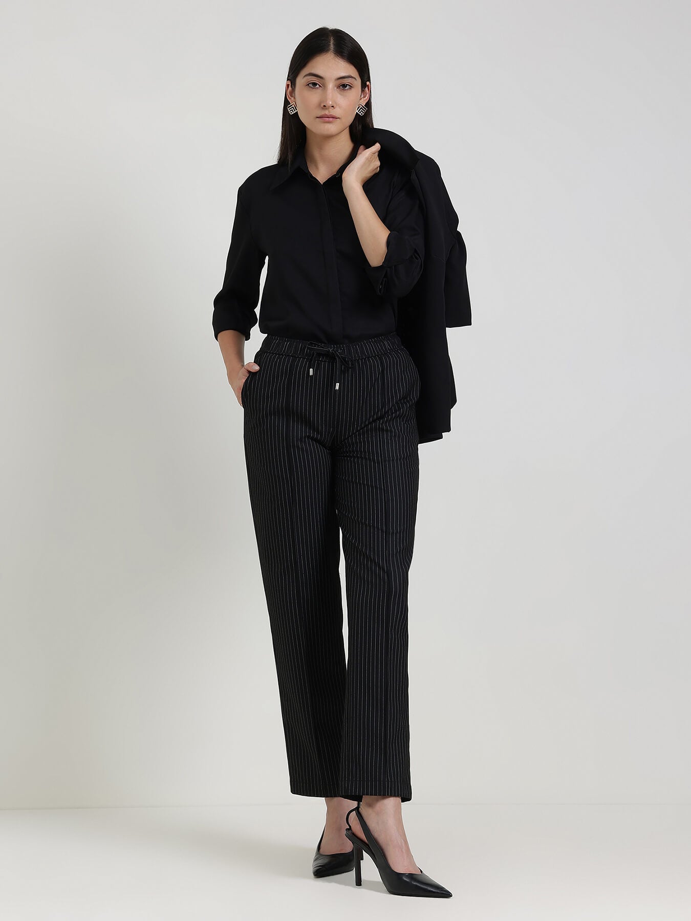Striped Pull-On Trousers - Black