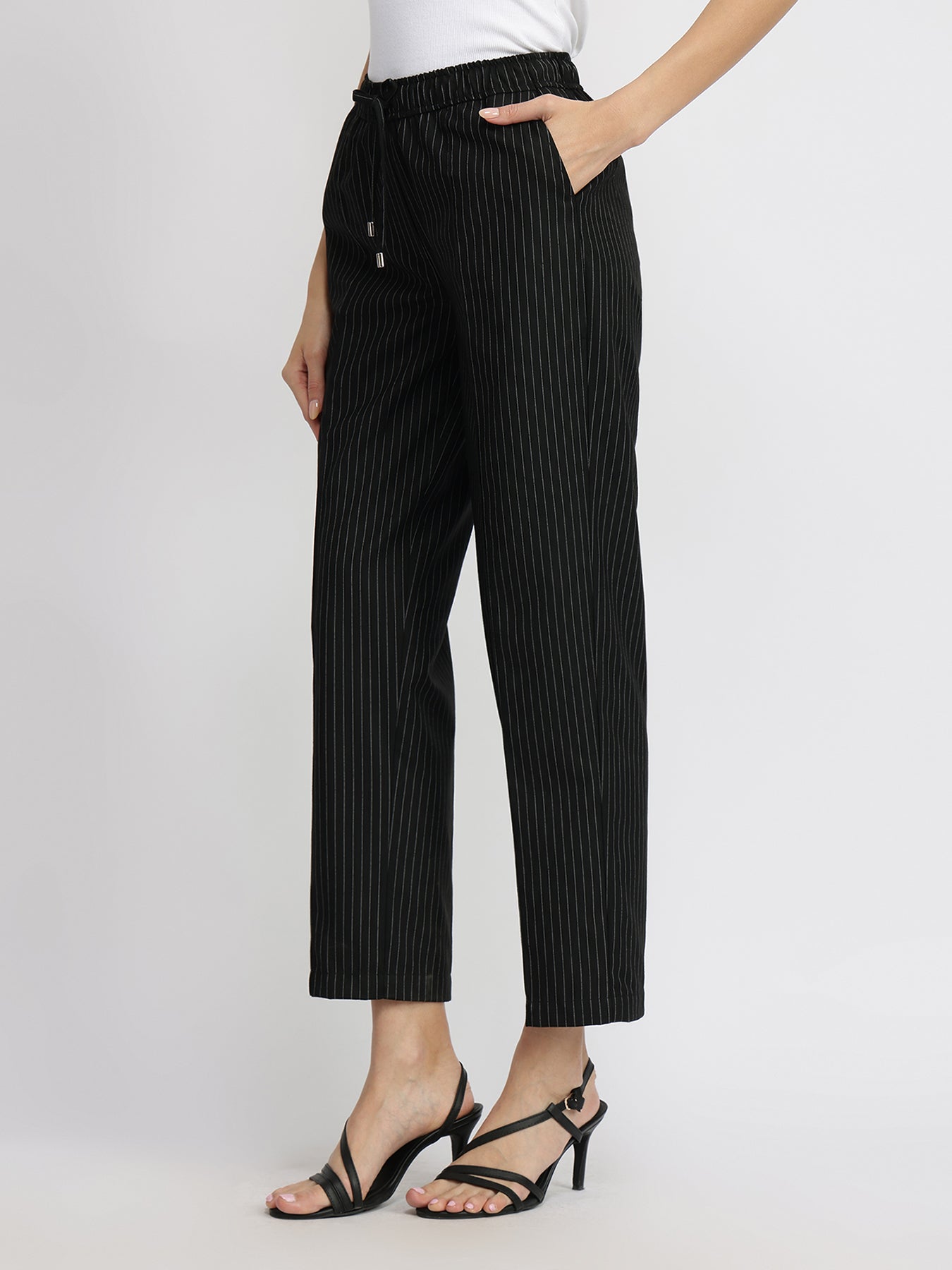 Striped Pull-On Trousers - Black
