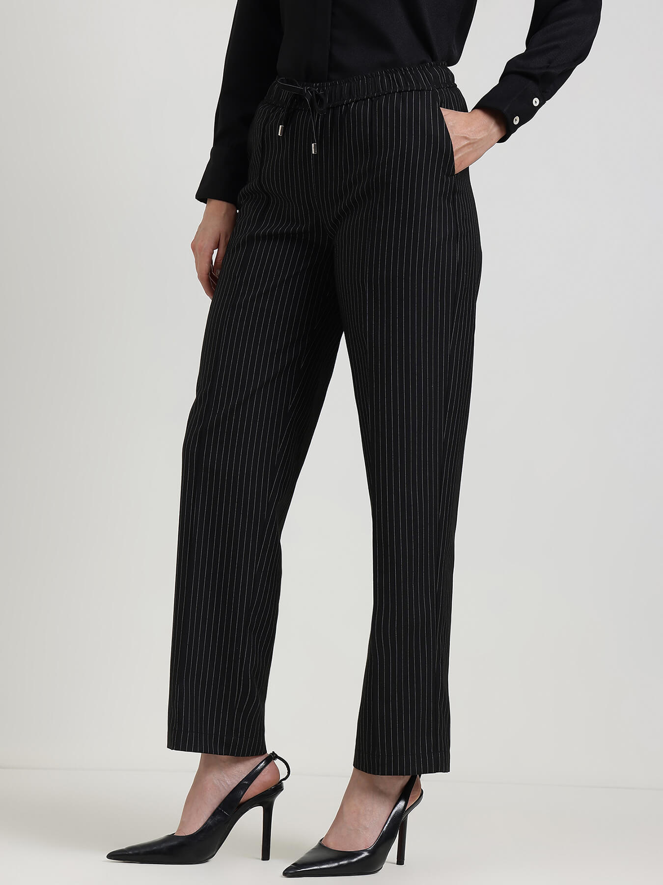 Striped Pull-On Trousers - Black
