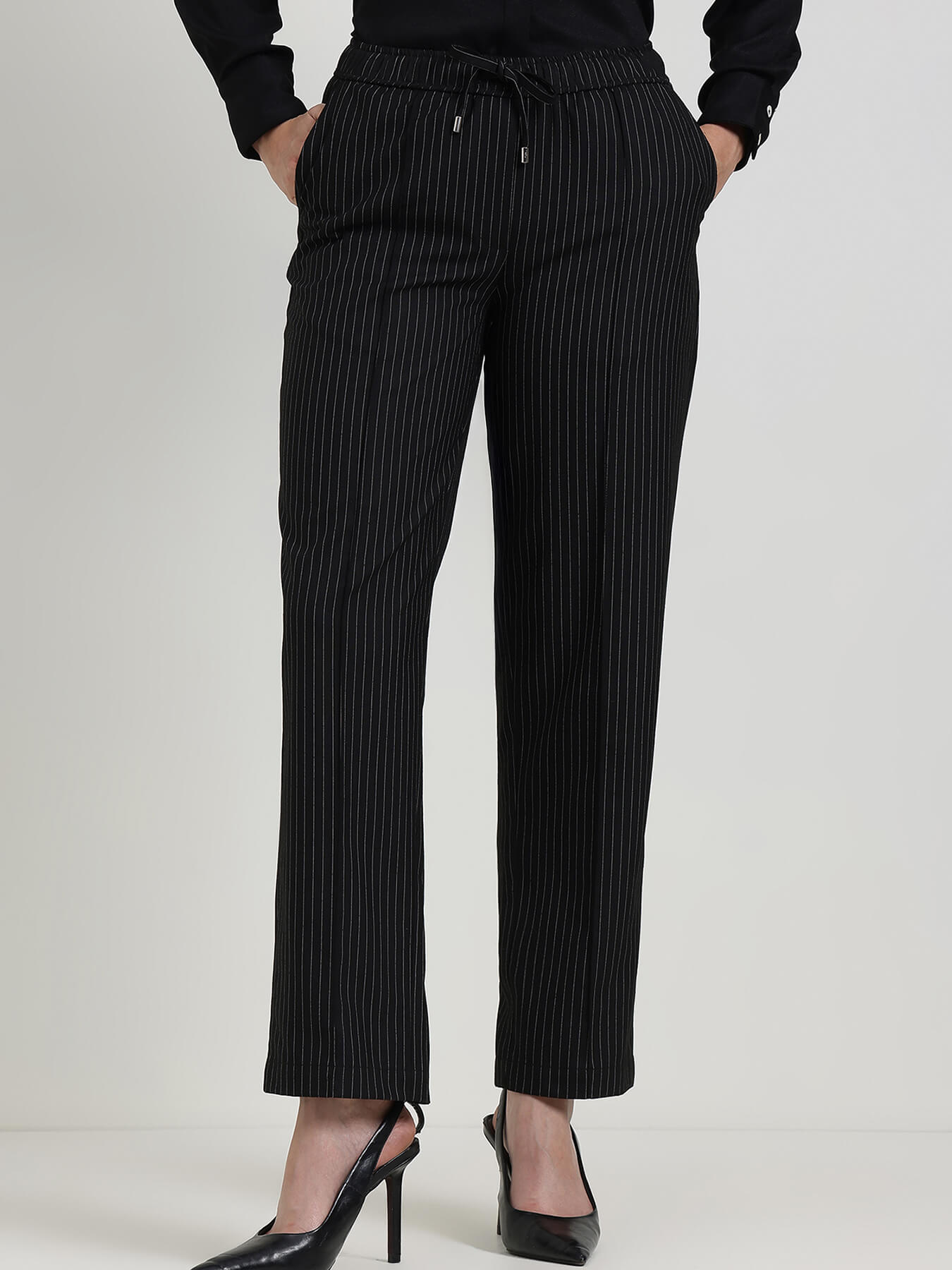 Striped Pull-On Trousers - Black