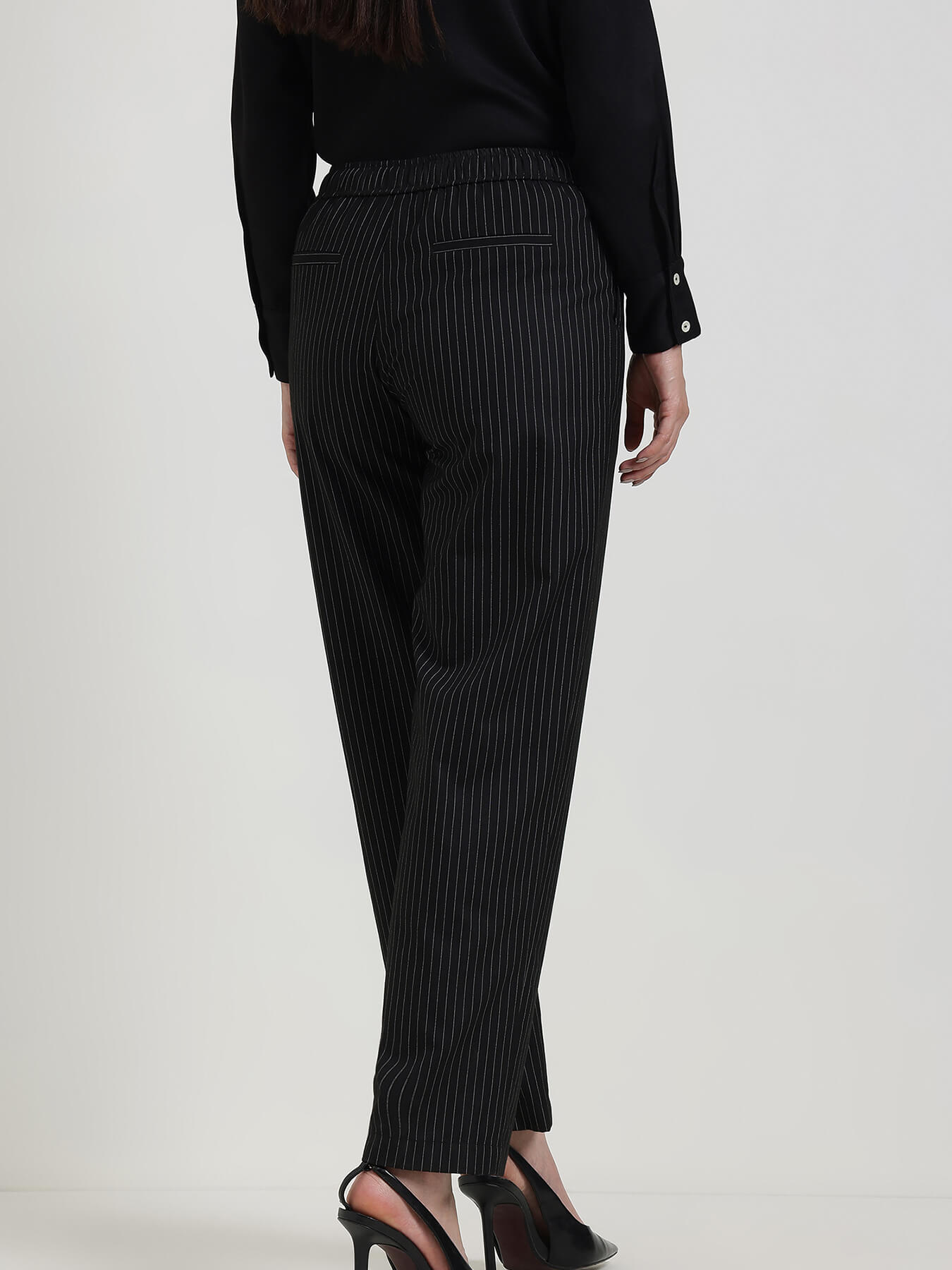 Striped Pull-On Trousers - Black