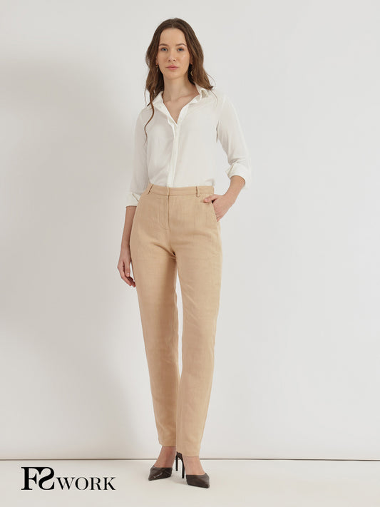 Linen Mid Rise Tapered Trousers - Beige