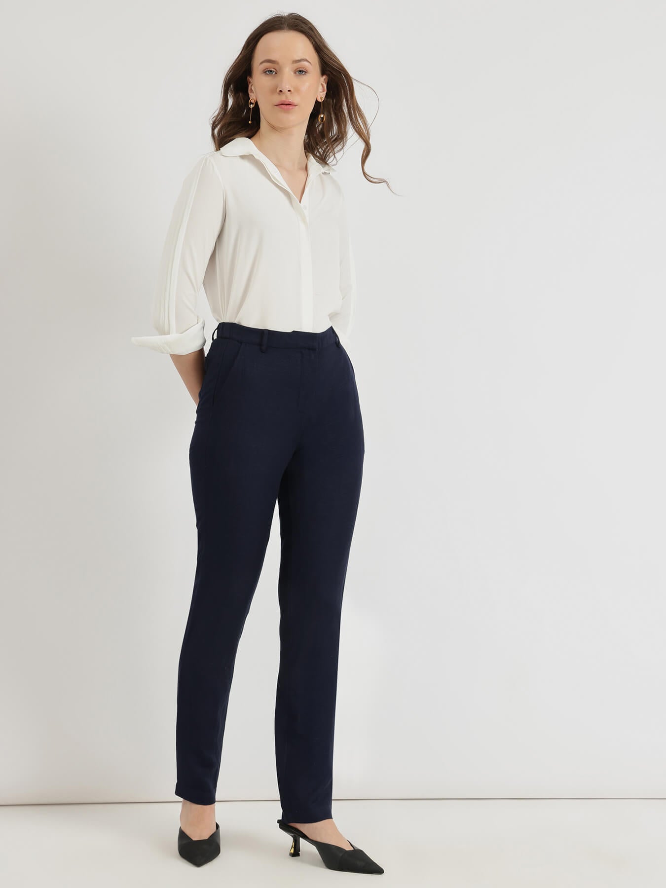 Linen Mid Rise Tapered Trousers - Navy Blue