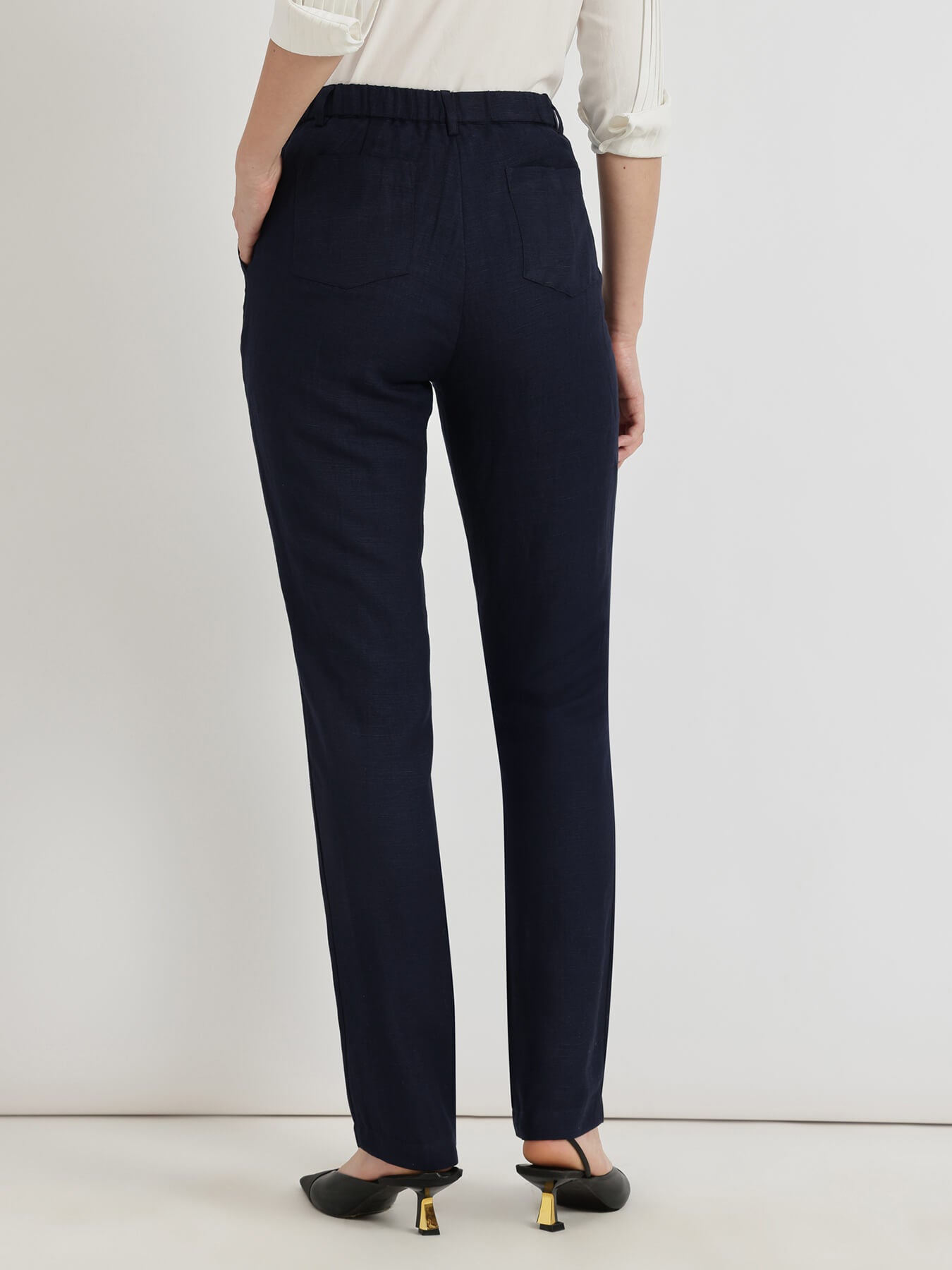 Linen Mid Rise Tapered Trousers - Navy Blue