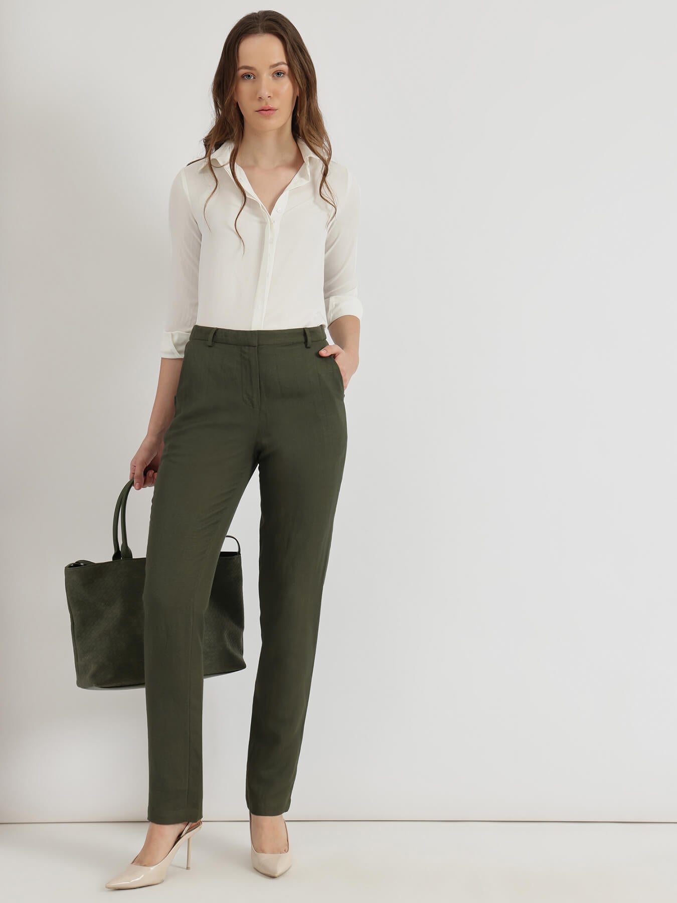 Linen Mid Rise Tapered Trousers - Olive