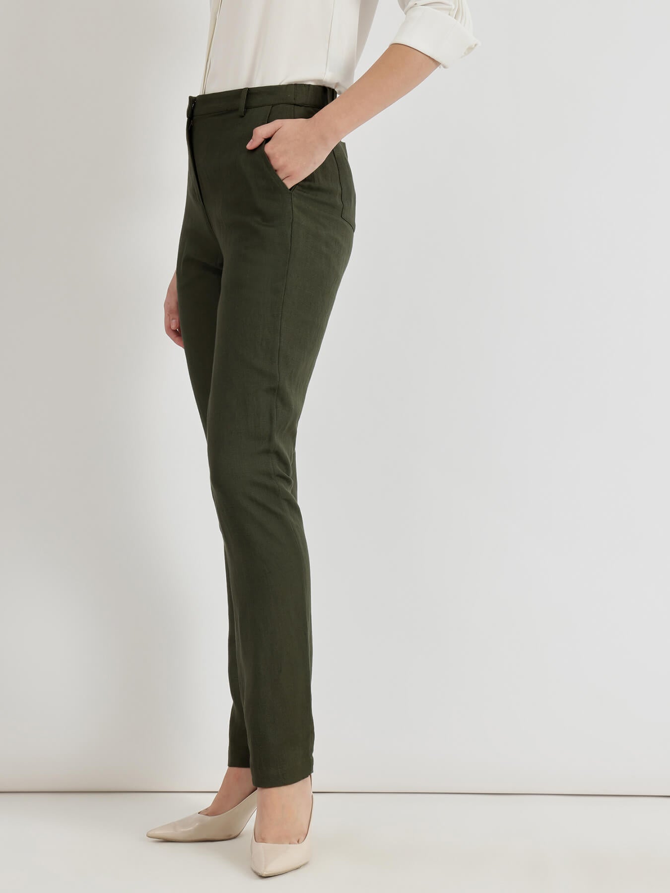 Linen Mid Rise Tapered Trousers - Olive