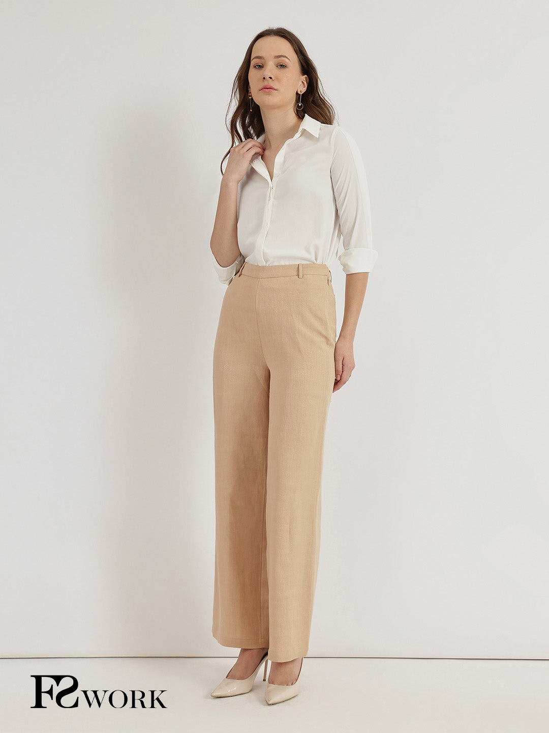 Linen Mid Rise Wide Leg Trousers - Beige