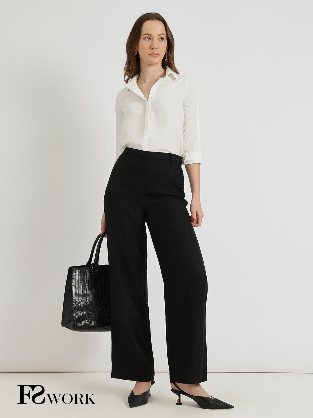 Linen Mid Rise Wide Leg Trousers - Black