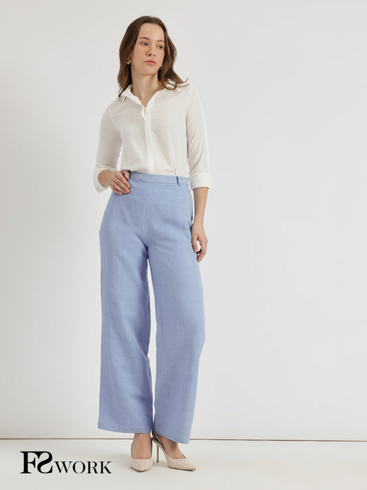 Linen Mid Rise Wide Leg Trousers - Sky Blue