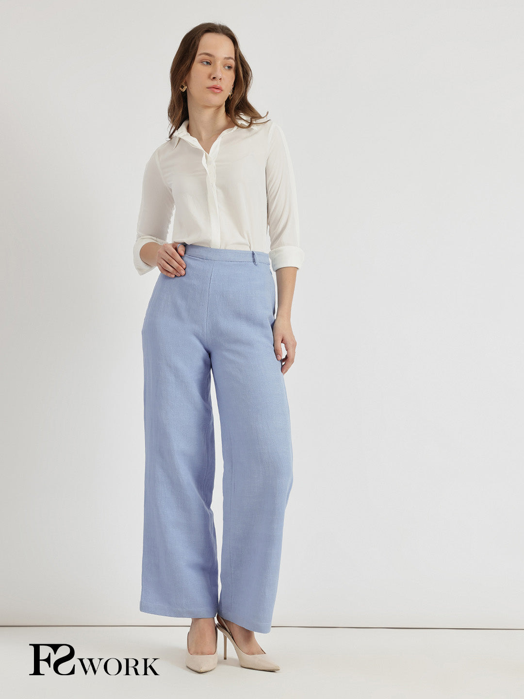 Linen Mid Rise Wide Leg Trousers - Sky Blue