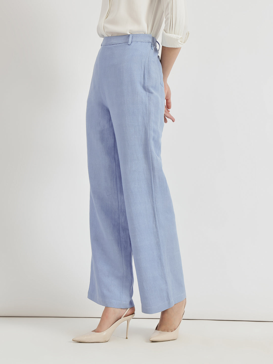 Linen Mid Rise Wide Leg Trousers - Sky Blue