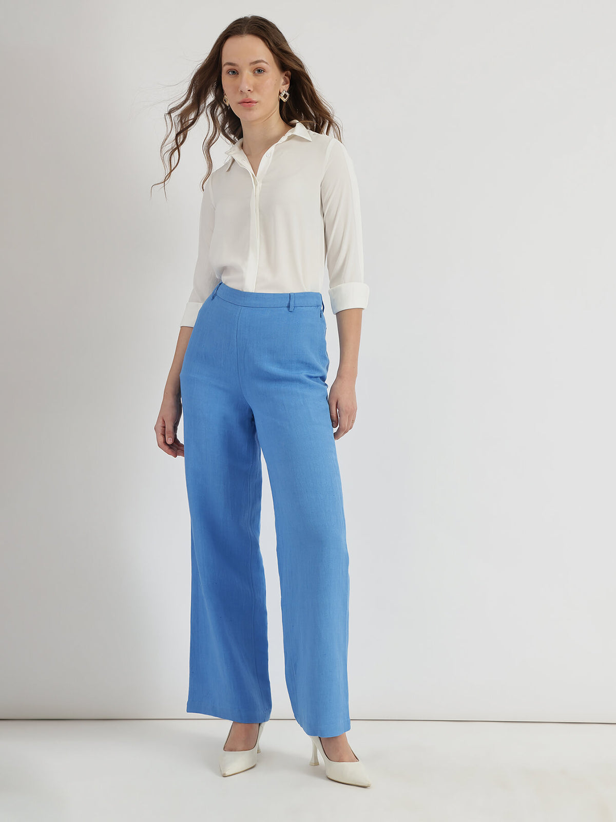 Linen Mid Rise Wide Leg Trousers - Blue