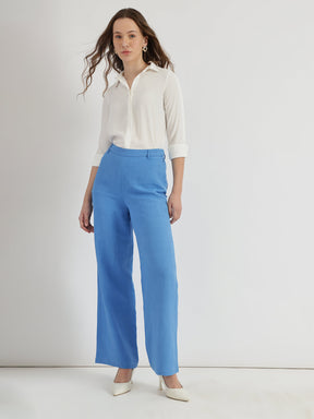 Linen Mid Rise Wide Leg Trousers - Blue