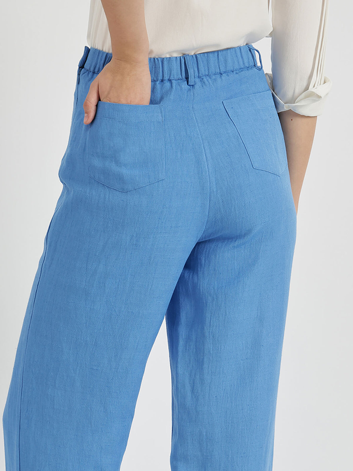 Linen Mid Rise Wide Leg Trousers - Blue