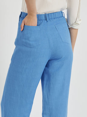 Linen Mid Rise Wide Leg Trousers - Blue