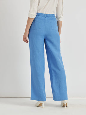 Linen Mid Rise Wide Leg Trousers - Blue