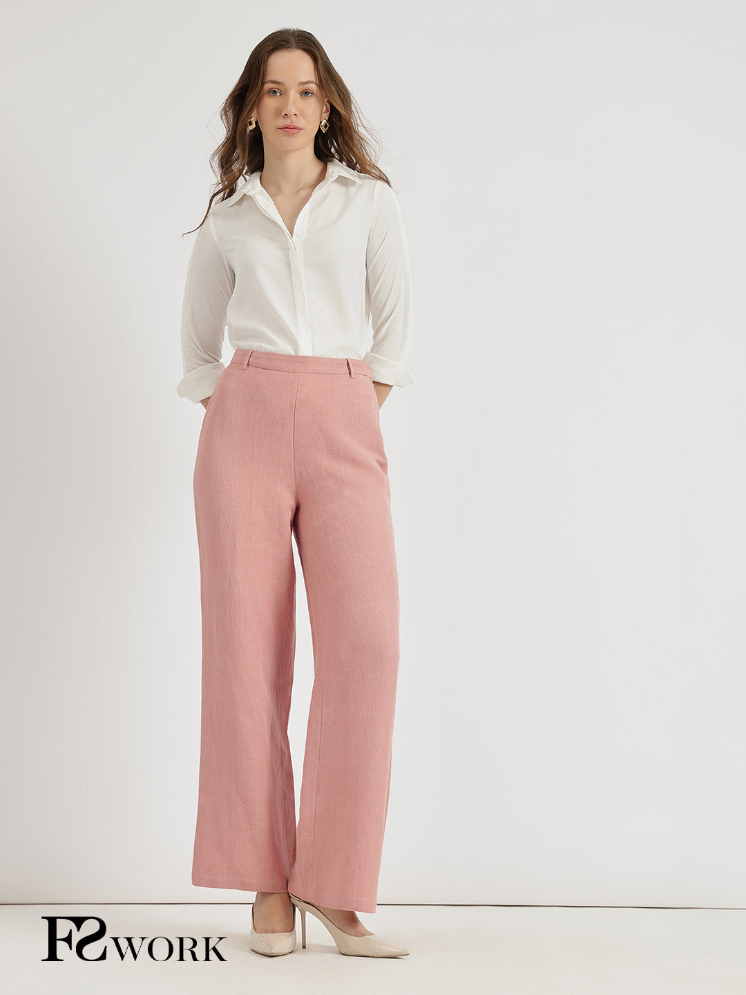 Linen Mid Rise Wide Leg Trousers - Pink