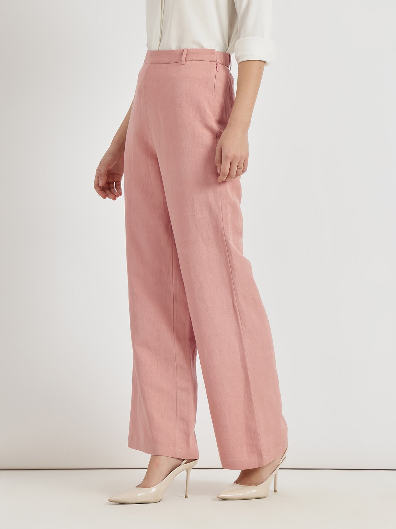 Linen Mid Rise Wide Leg Trousers - Pink