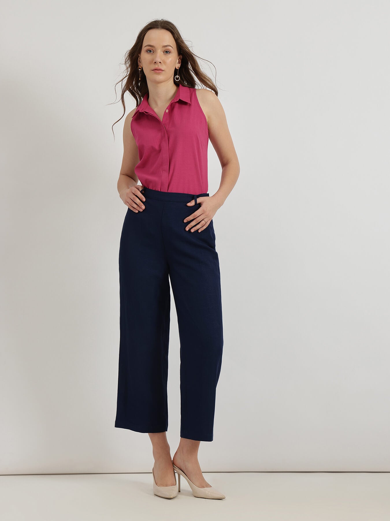 Linen Mid Rise Culottes - Navy Blue