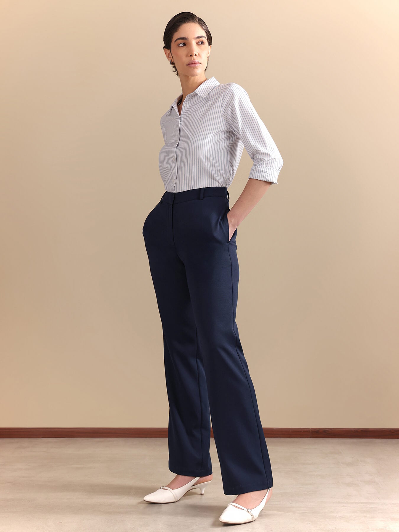 Straight Fit Trousers - Navy Blue