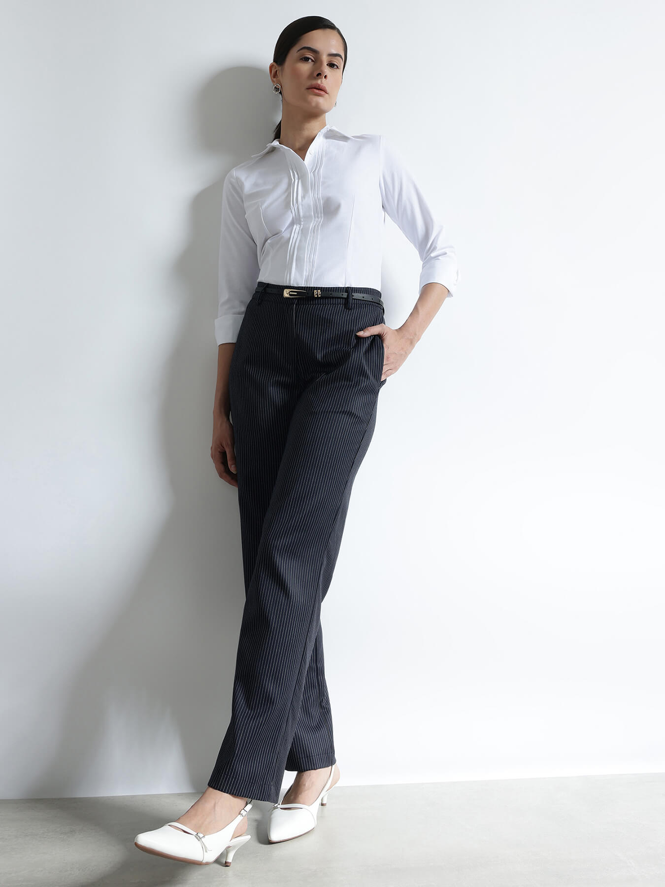 Striped Straight Fit Trousers - Navy Blue