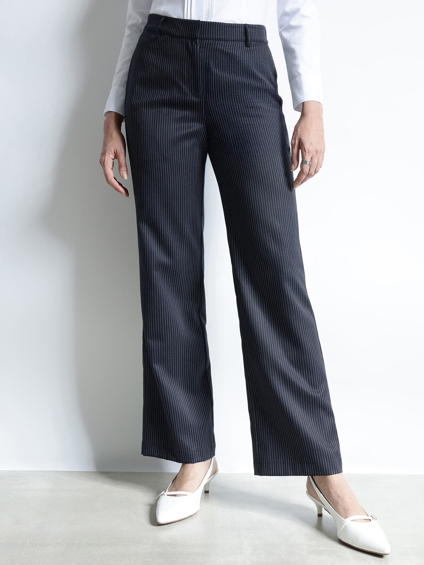 Striped Straight Fit Trousers - Navy Blue