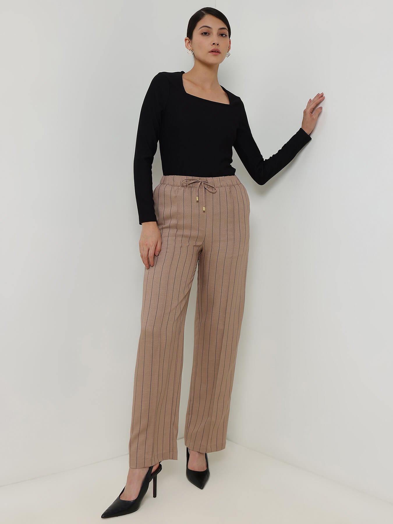 Striped Straight Pull-On Trousers - Beige
