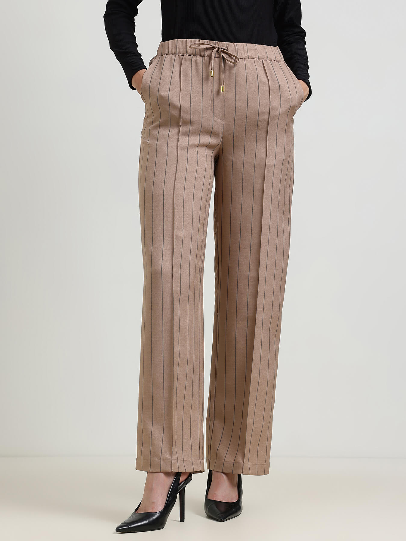 Striped Straight Pull-On Trousers - Beige