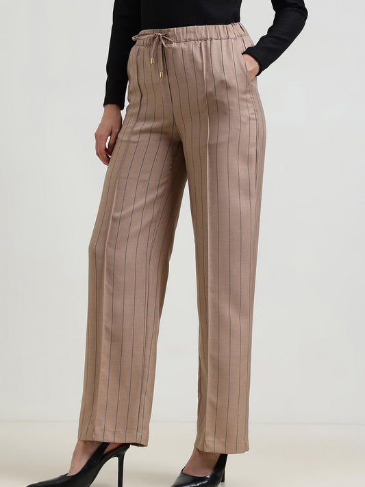 Striped Straight Pull-On Trousers - Beige