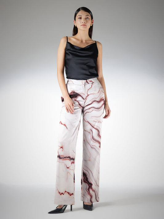 Satin Marble Print Straight Trousers - Off-White