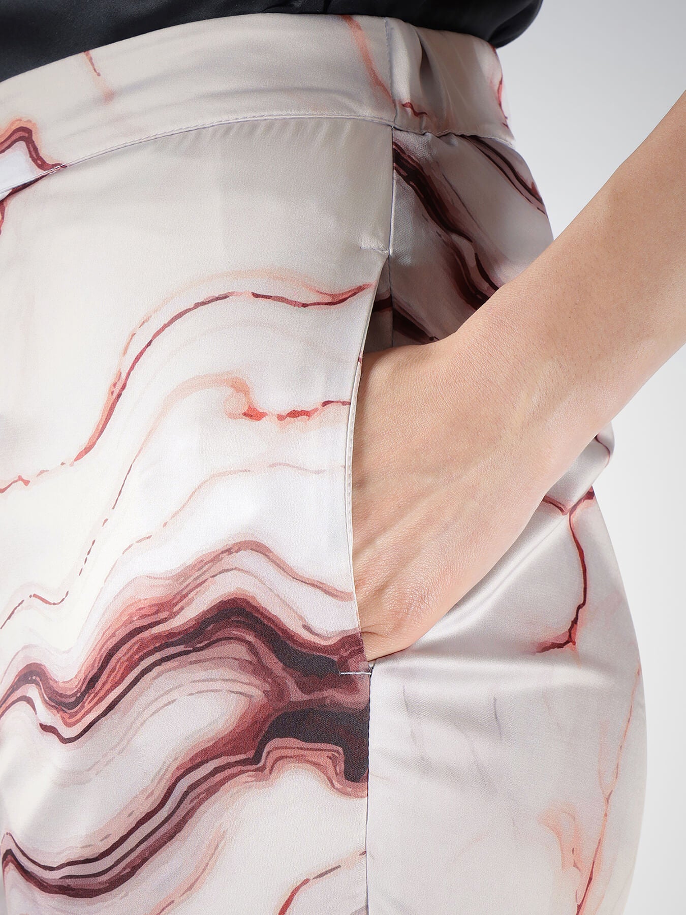 Satin Marble Print Straight Trousers - Off-White