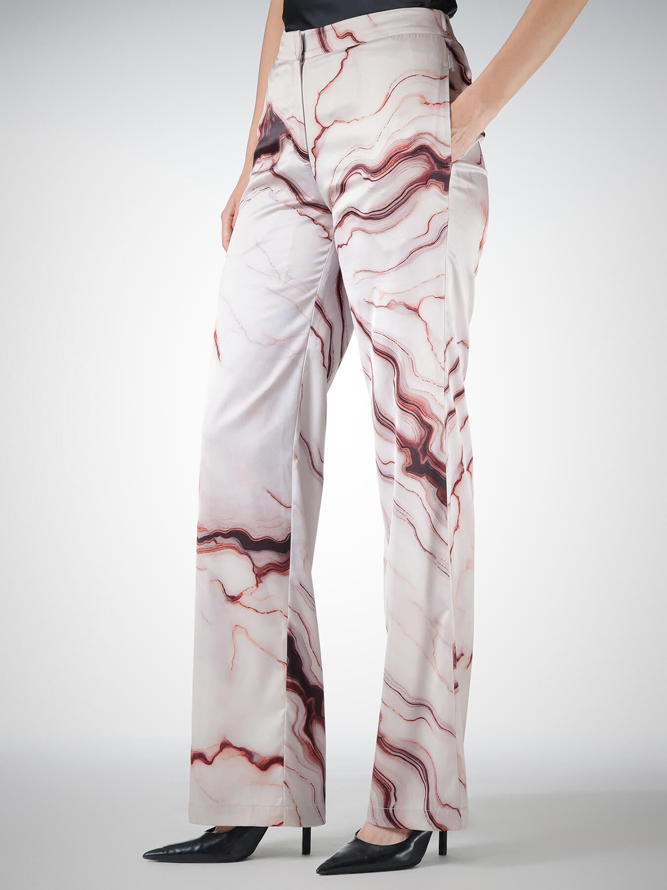 Satin Marble Print Straight Trousers - Off-White