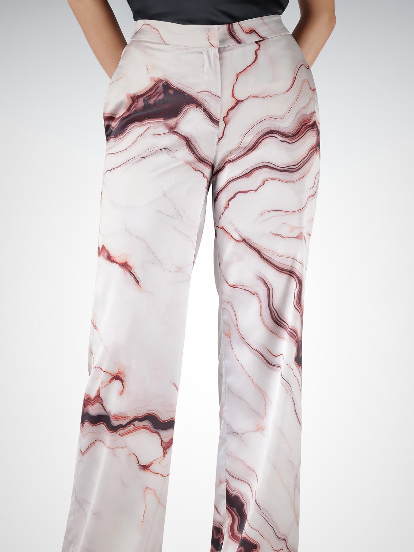 Satin Marble Print Straight Trousers - Off-White
