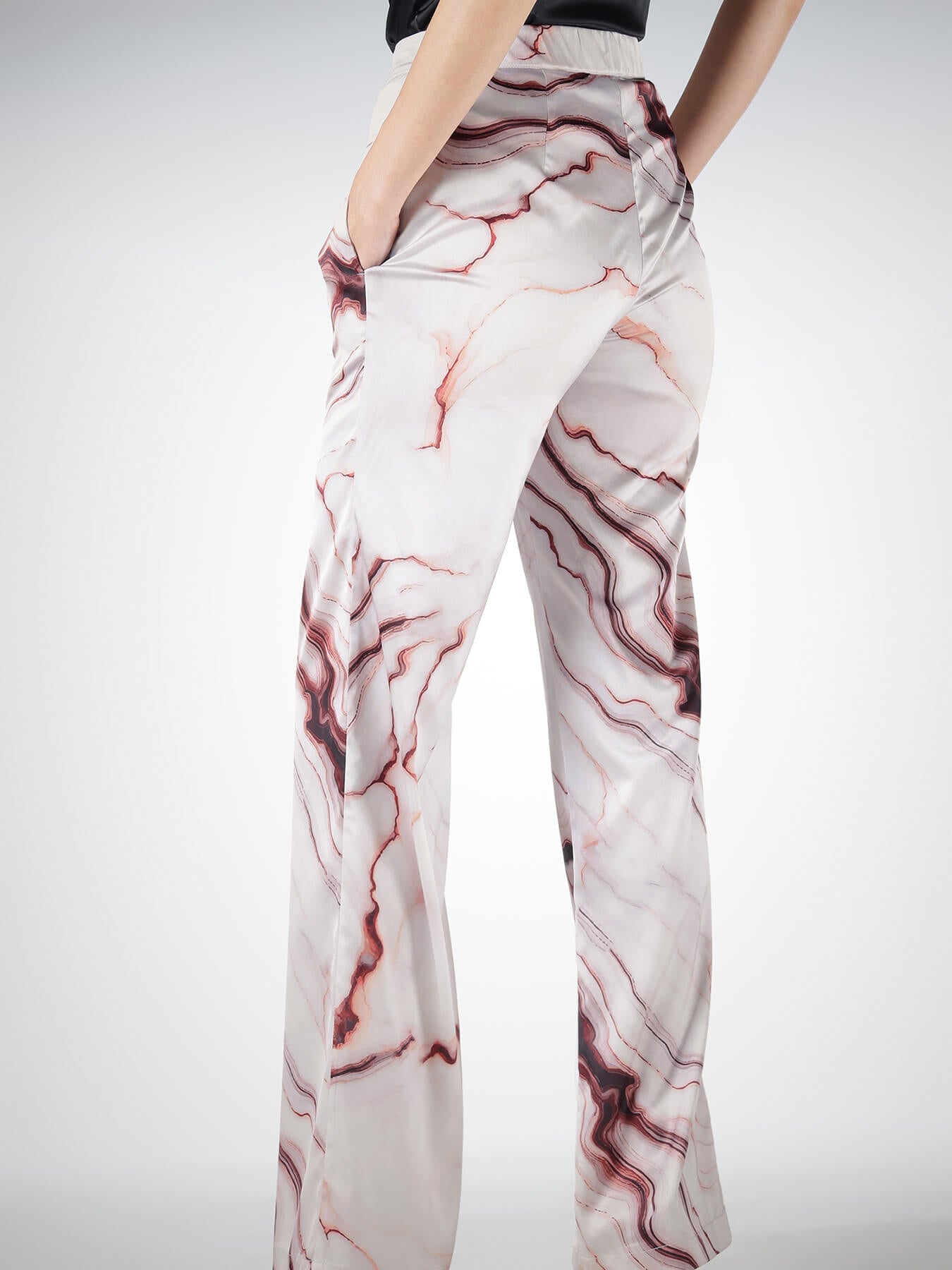 Satin Marble Print Straight Trousers - Off-White