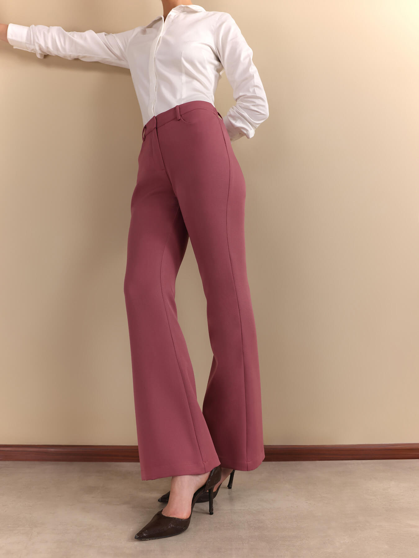 Flared Mid Rise Trousers - Dusty Pink