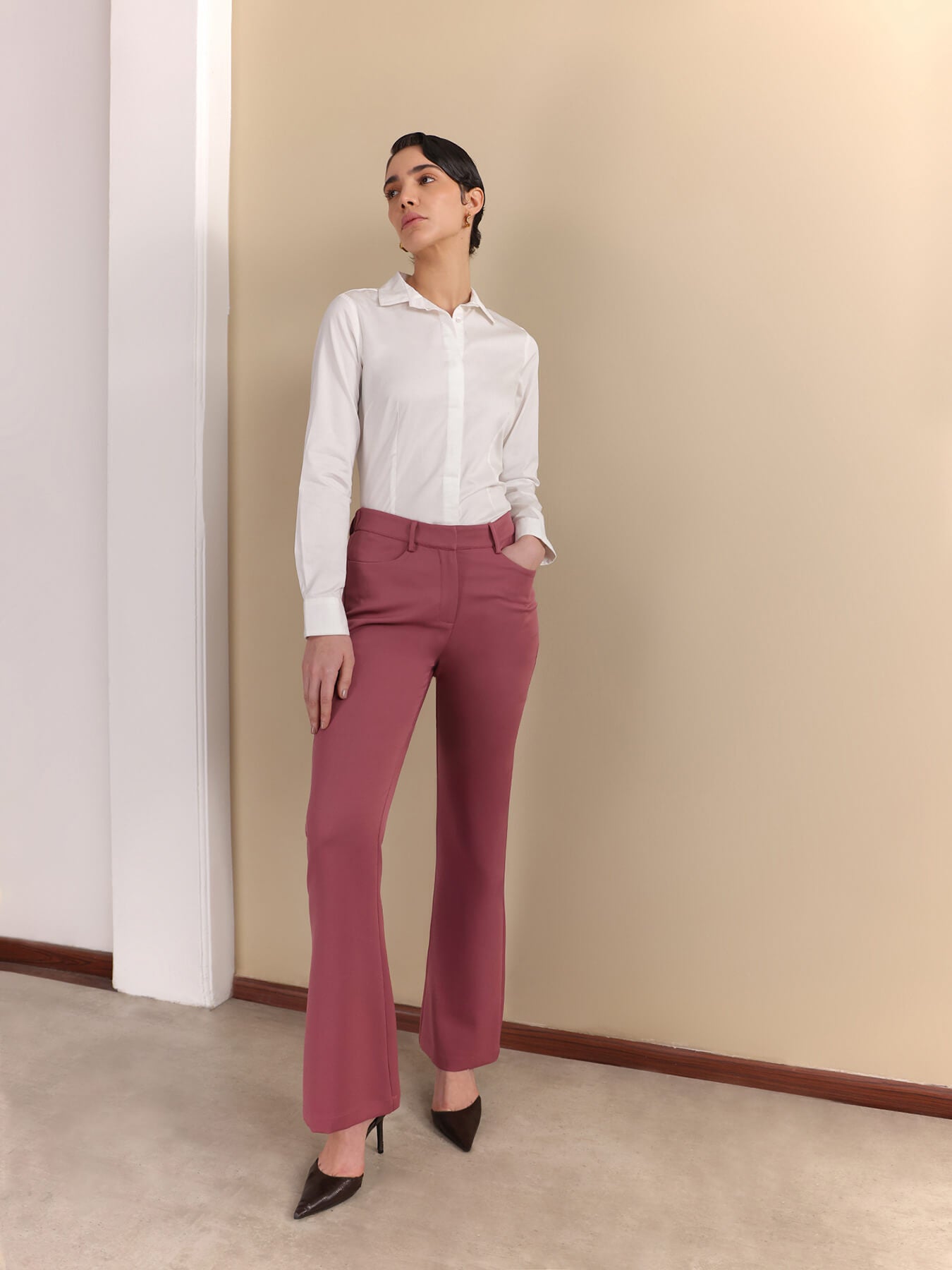 Flared Mid Rise Trousers - Dusty Pink