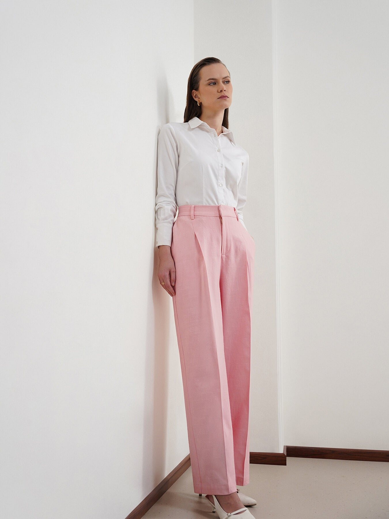 Cotton Linen Wideleg Trousers - Baby Pink