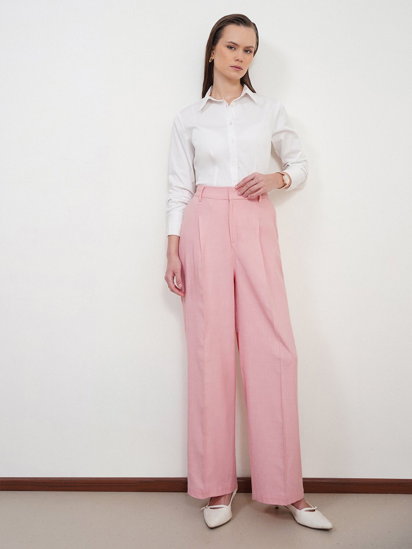 Cotton Linen Wideleg Trousers - Baby Pink