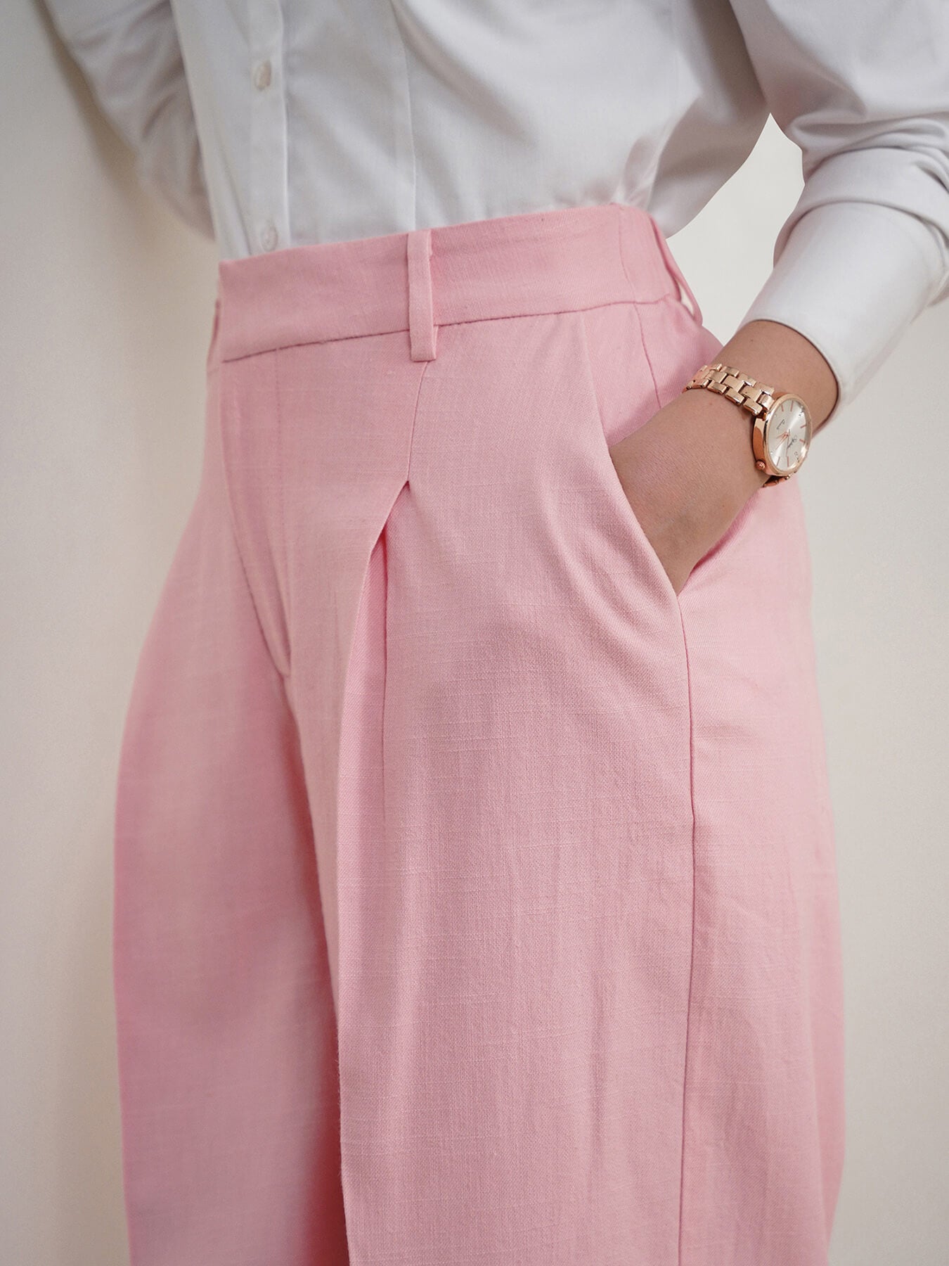 Cotton Linen Wideleg Trousers - Baby Pink