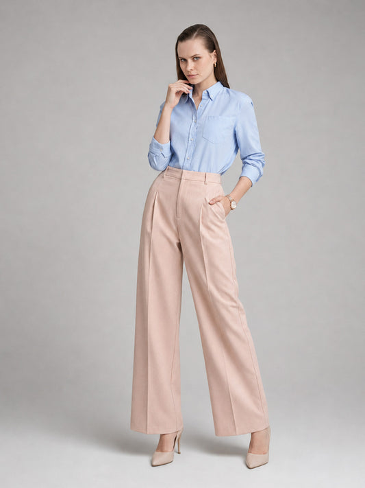 Cotton Linen Wideleg Trousers - Beige
