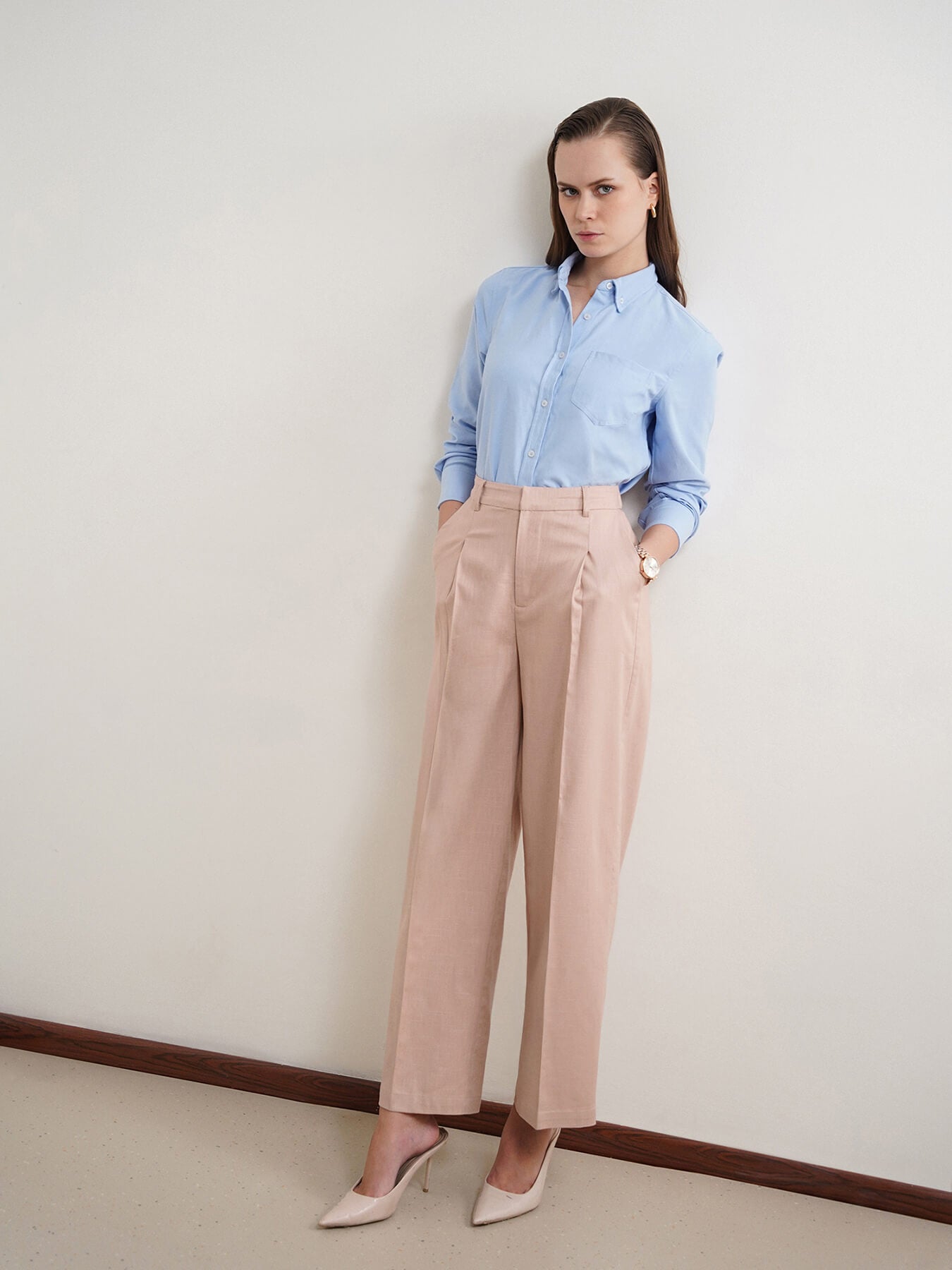 Cotton Linen Wideleg Trousers - Beige