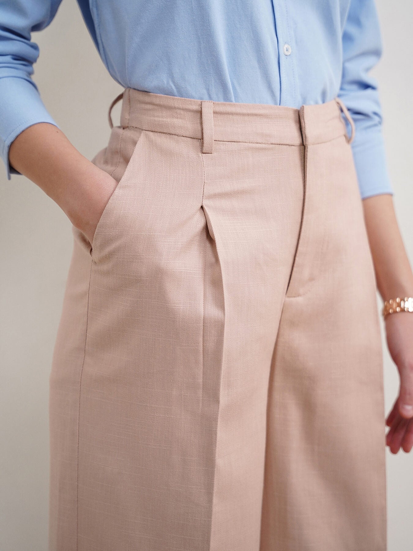 Cotton Linen Wideleg Trousers - Beige